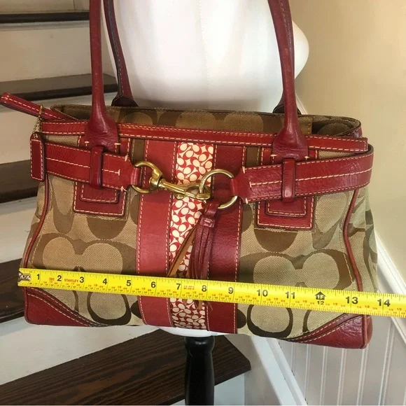 COACH Hampton Signature C Logo Canvas Red Leather Briefcase Shoulder Bag RARE - Picture 9 of 17